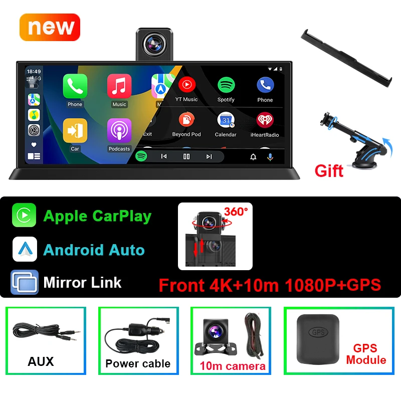 (nova Câmera Veicular De 11,3 Polegadas Com Gps De 10 M E Sem Necessidade De Sim) Com Resolução 4k, Carplay Sem Fio E Gps De Lente Dupla.