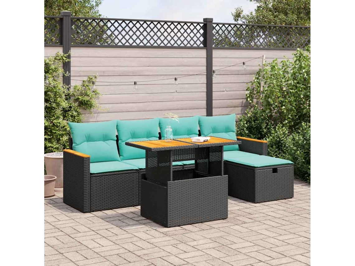 Vidaxl 6 Pcs Conjunto Sofás Jardim C/ Almofadões Vime Pe/acácia Preto