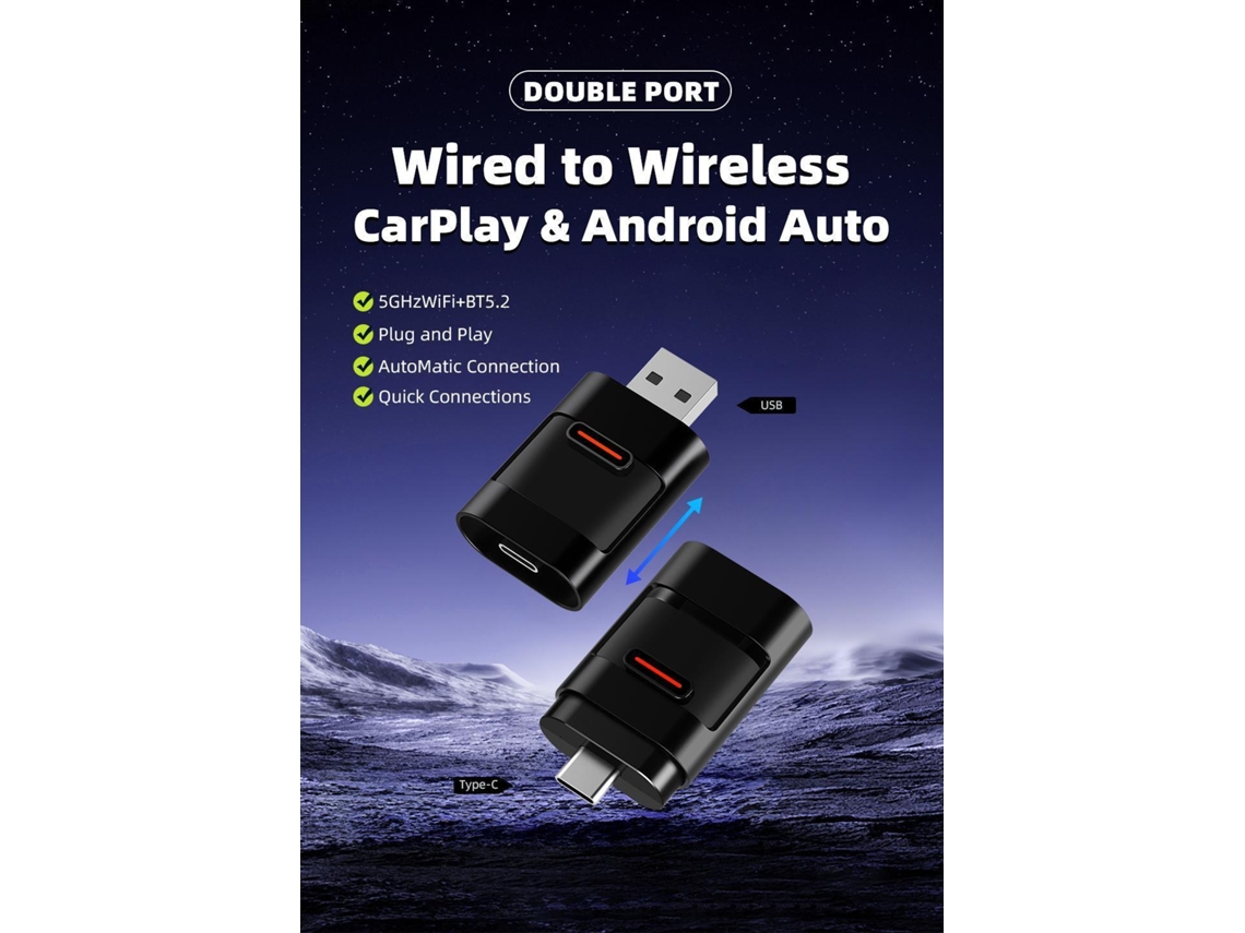 Novo Adaptador 2 Em 1 Carplay E Android Auto 2025 Liberdade Sem Fios, Porta Dupla Usb E Tipo C, Bluetooth 5.2, Wi Fi 5 Ghz, Conexão Estável Brilvibera