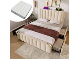 Cama Casal 160x200 Cm Linho, Listras Douradas, Usb, Gavetas, Colchão 7 Zonas, Ripas, Bege KOMHTOM