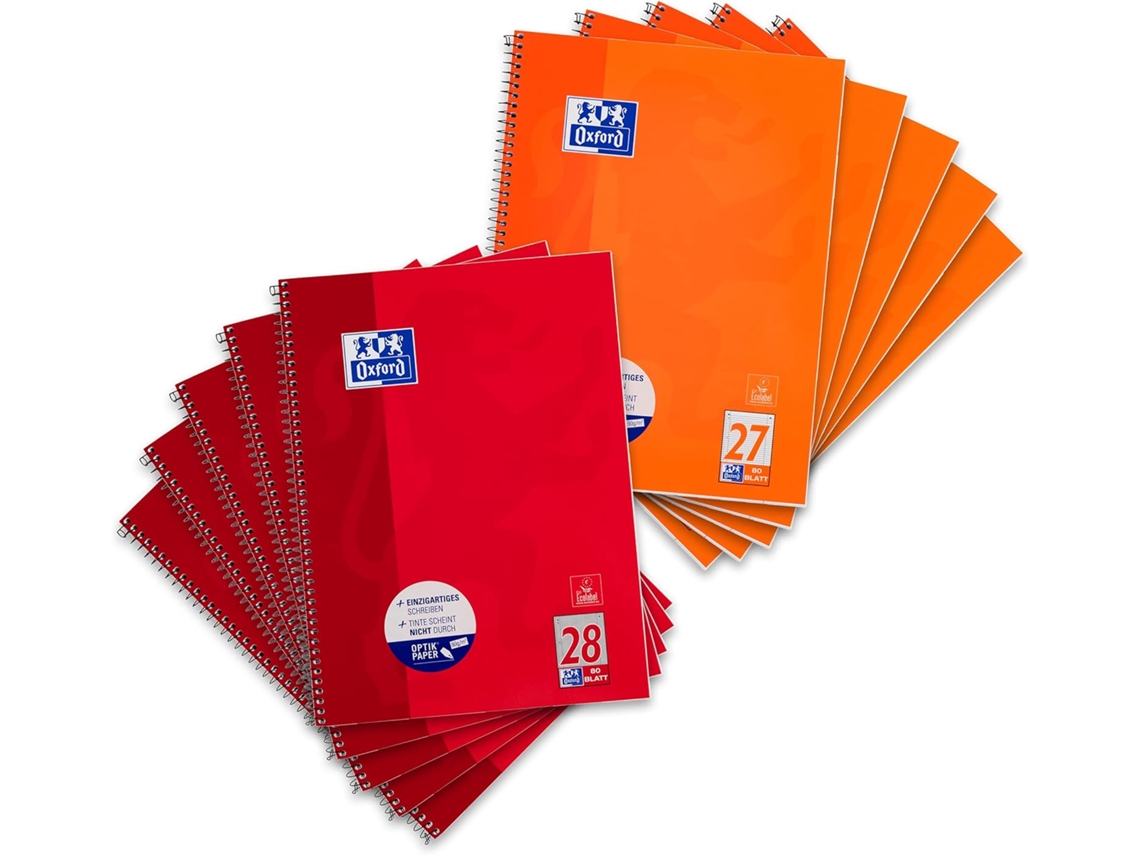 Bloco De Notas Oxford College A4 Quadriculado E Pautado, 80 Folhas, Vermelho E Laranja, 10 Peças Gokoco