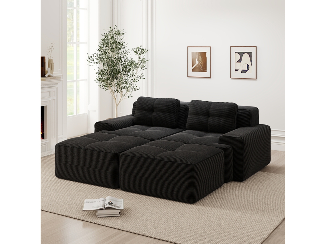 Sofá Modular De 2 Lugares - Em Forma De U, Confortável, Veludo Cotelê, Com Otomano - Preto