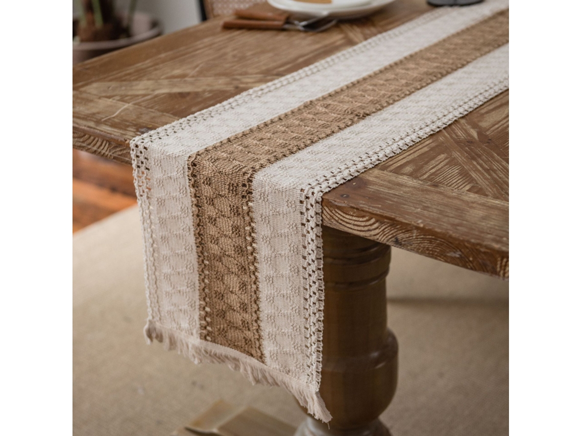 Caminho De Mesa De Algodão E Linho Com Costuras, Borla Tecida Em Dois Tons, Material Natural, Tecido De Feriado Campestre Americano. Fio De Algodão Em