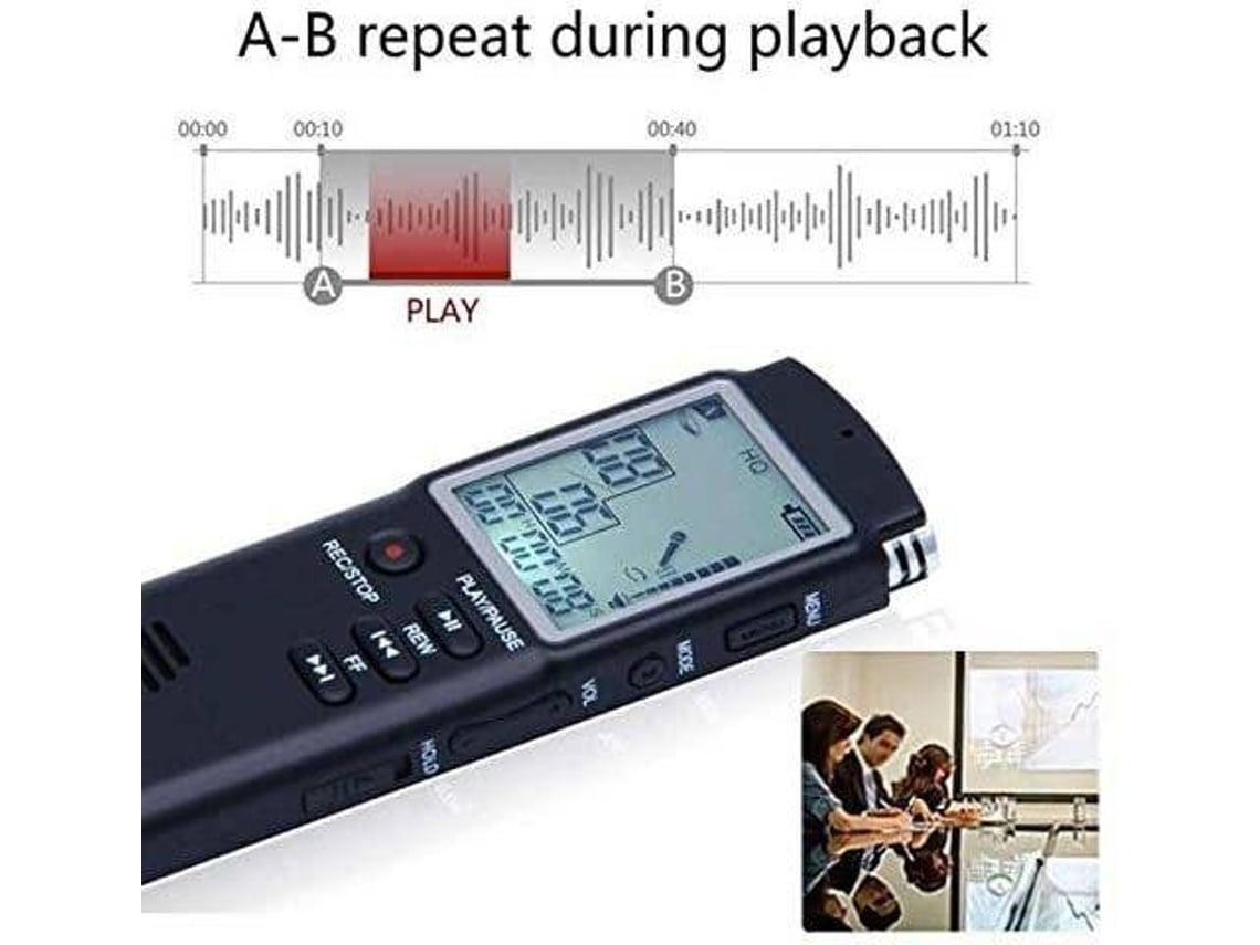 Minigravador Digital de 16Gb com Mp3 Player e Microfones Duplos para Reuniões Shows e Palestraspreto