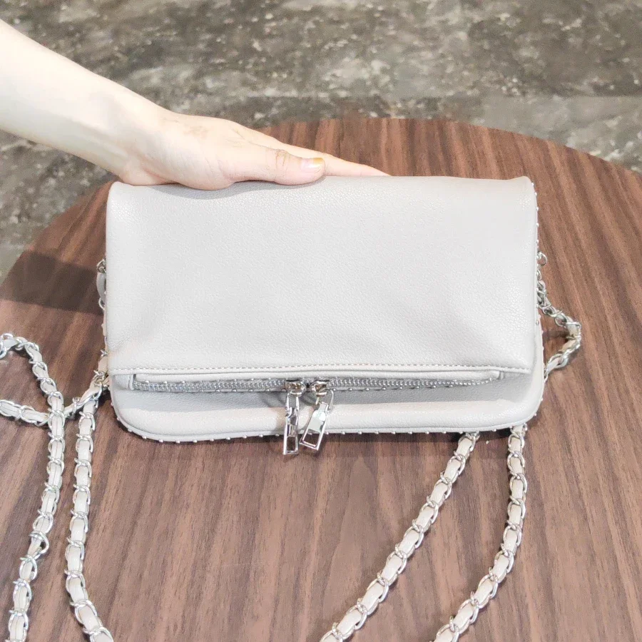 Bolsa Transversal Feminina Com Corrente E Tachas (cáqui), Bolsa De Ombro Feminina Em Couro Pu.