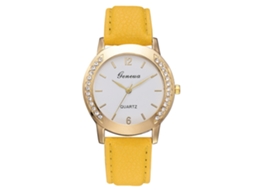 Relógio Feminino de Pulso Quartzo Pulseira Pu com Pedras Preciosas Design Elegante Amarelo