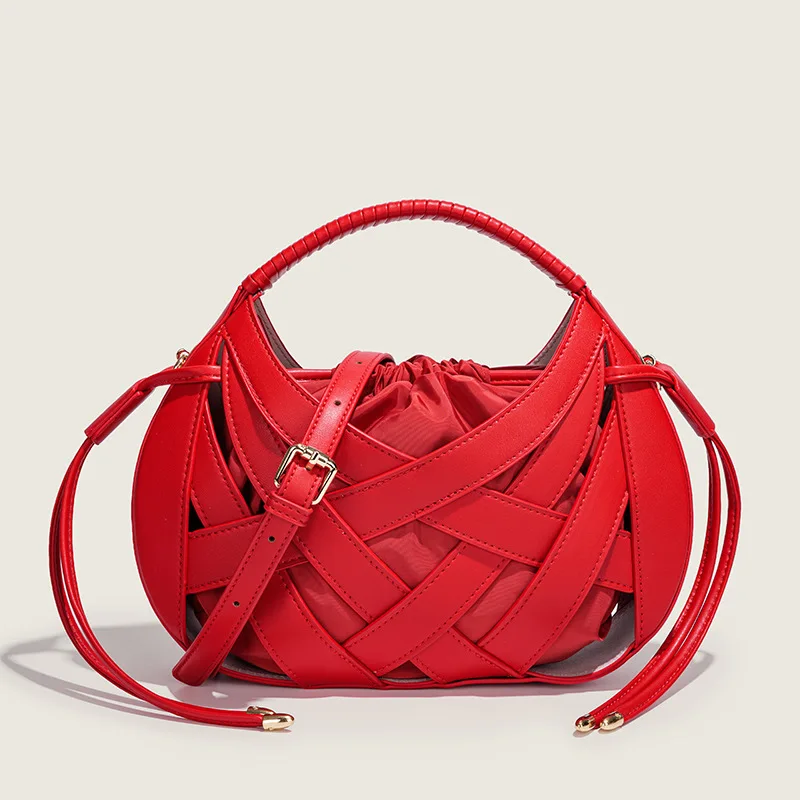 (vermelha) Bolsa Feminina Moderna Com Detalhes Vazados Em Tecido Trançado, Bolsa De Ombro/transversal De Luxo De Grife.