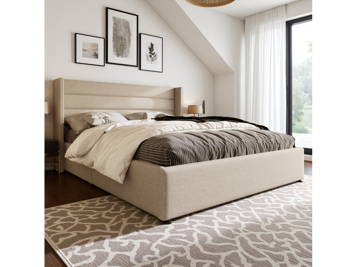 Cama Estofada 160x200, Cama De Casal, Camas De Armazenamento, Moldura, Linho Cama De Juventude, Bege
