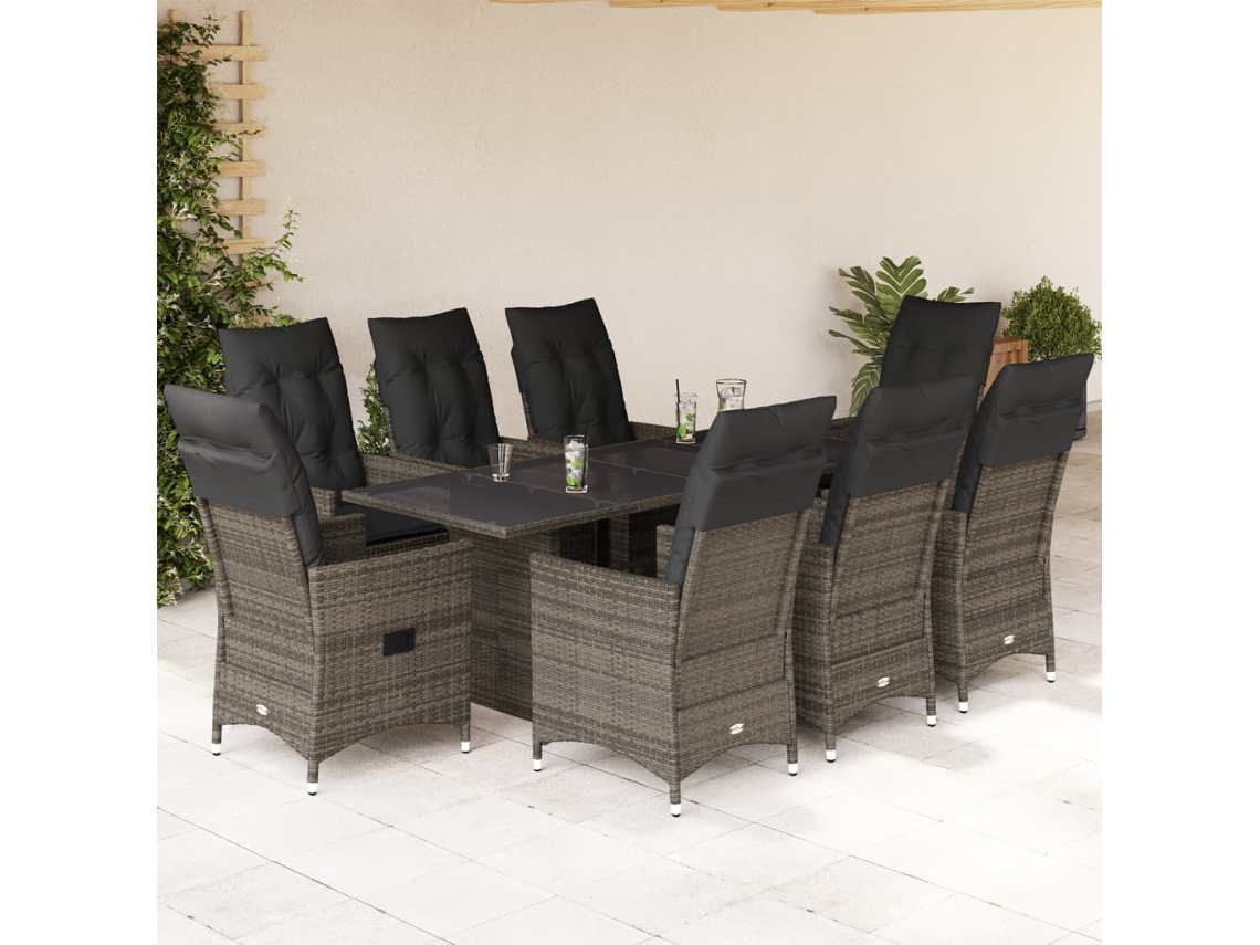 Vidaxl 9 Pcs Conjunto De Jantar P/ Jardim C/ Almofadões Vime Pe Cinza
