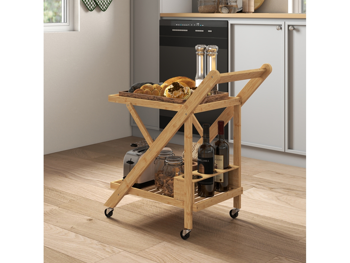 Küchenwagen Auf Rädern, Servierwagen Mit 3 Weinregalen, 2 Tabletts, Für Küche, Esszimmer, Bambusholz, Hellbraun