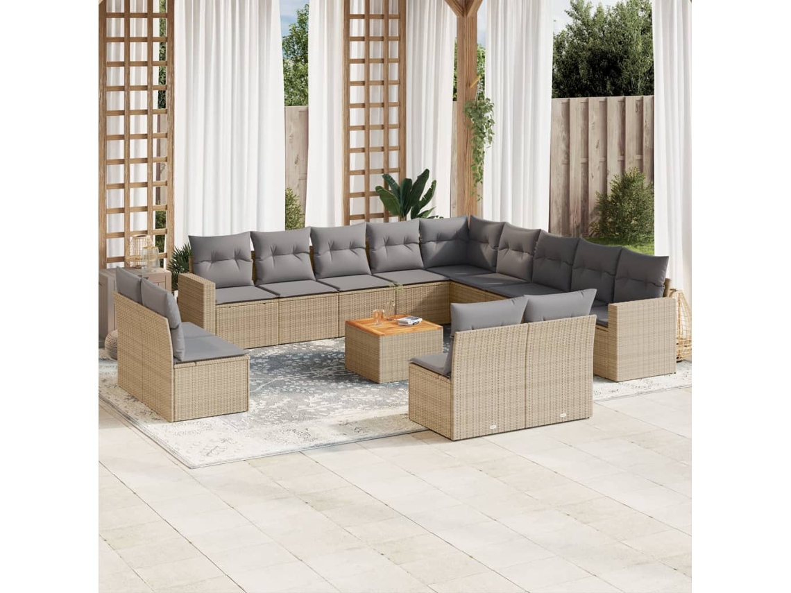 Conjunto 14 Peças Sofás Jardin C/ Almofadões Vime Pe Bege Misturado Dkd Home Decor