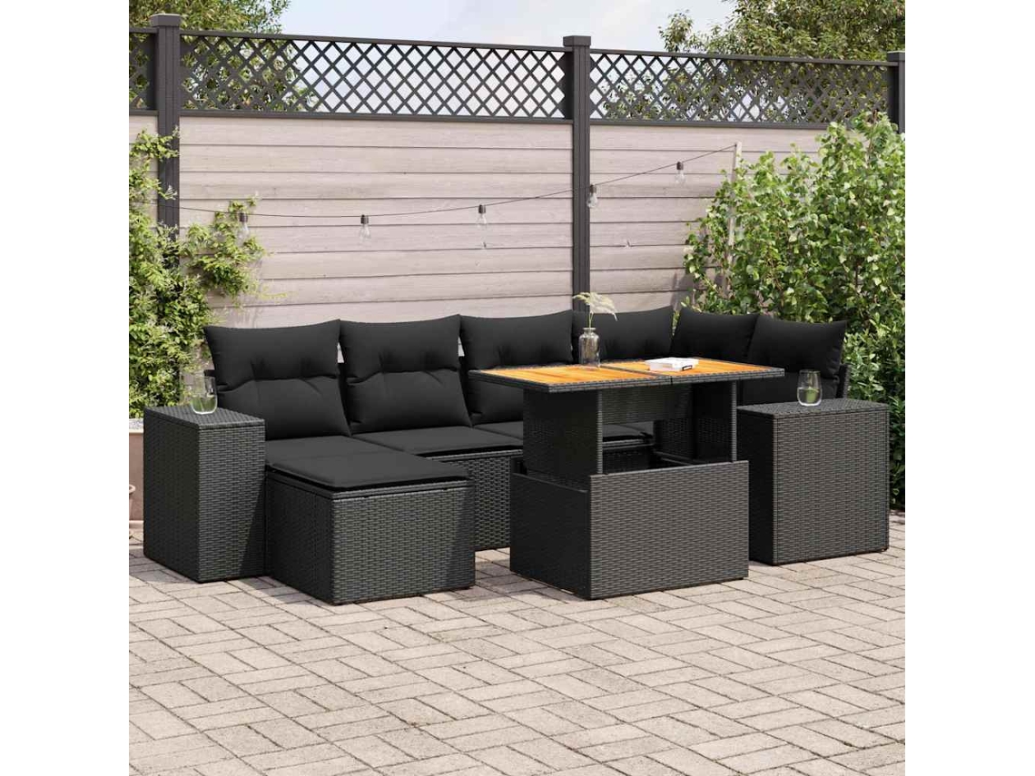 Vidaxl 7 Pcs Conjunto De Sofás P/ Jardim C/ Almofadões Vime Pe Preto