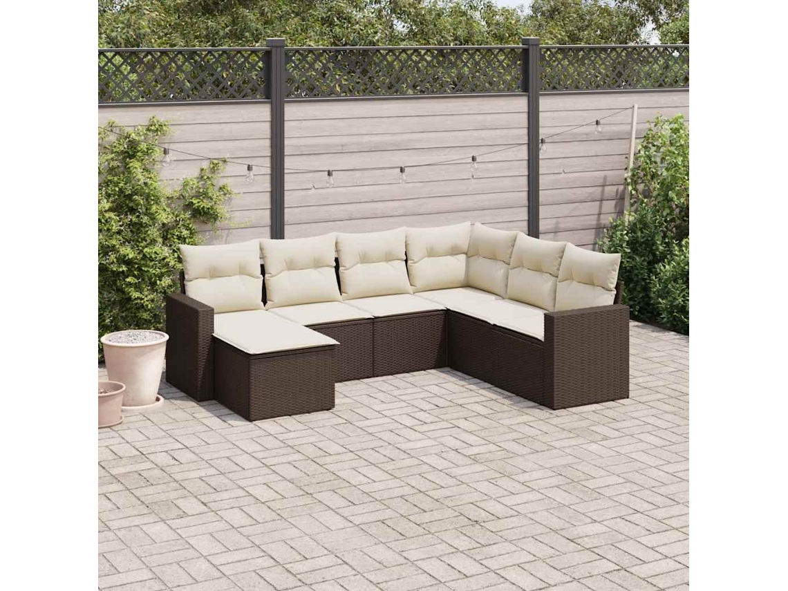 Vidaxl 7 Pcs Conjunto De Sofás Jardim C/ Almofadões Vime Pe Castanho