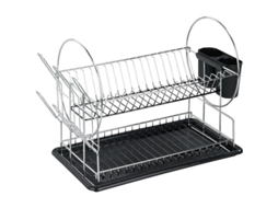 2026 porta Pratos Organizador de Cozinha com Bandeja de Talheres e Suporte de Pratos, Metal, 42.5*36*23cm, Prata/preto