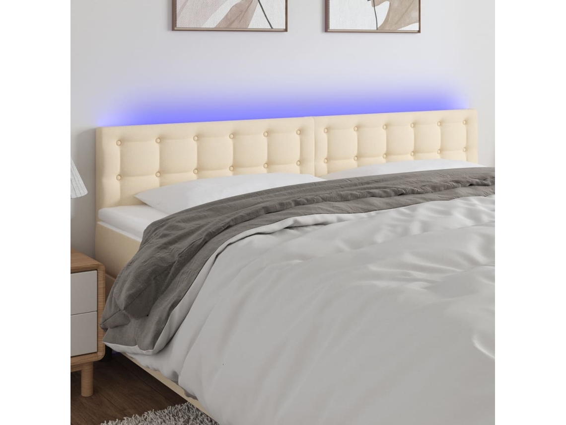 Cabeceira De Cama | Painel De Cama C/ Luzes Led Tecido 200x5x78/88 Cm Cor Creme