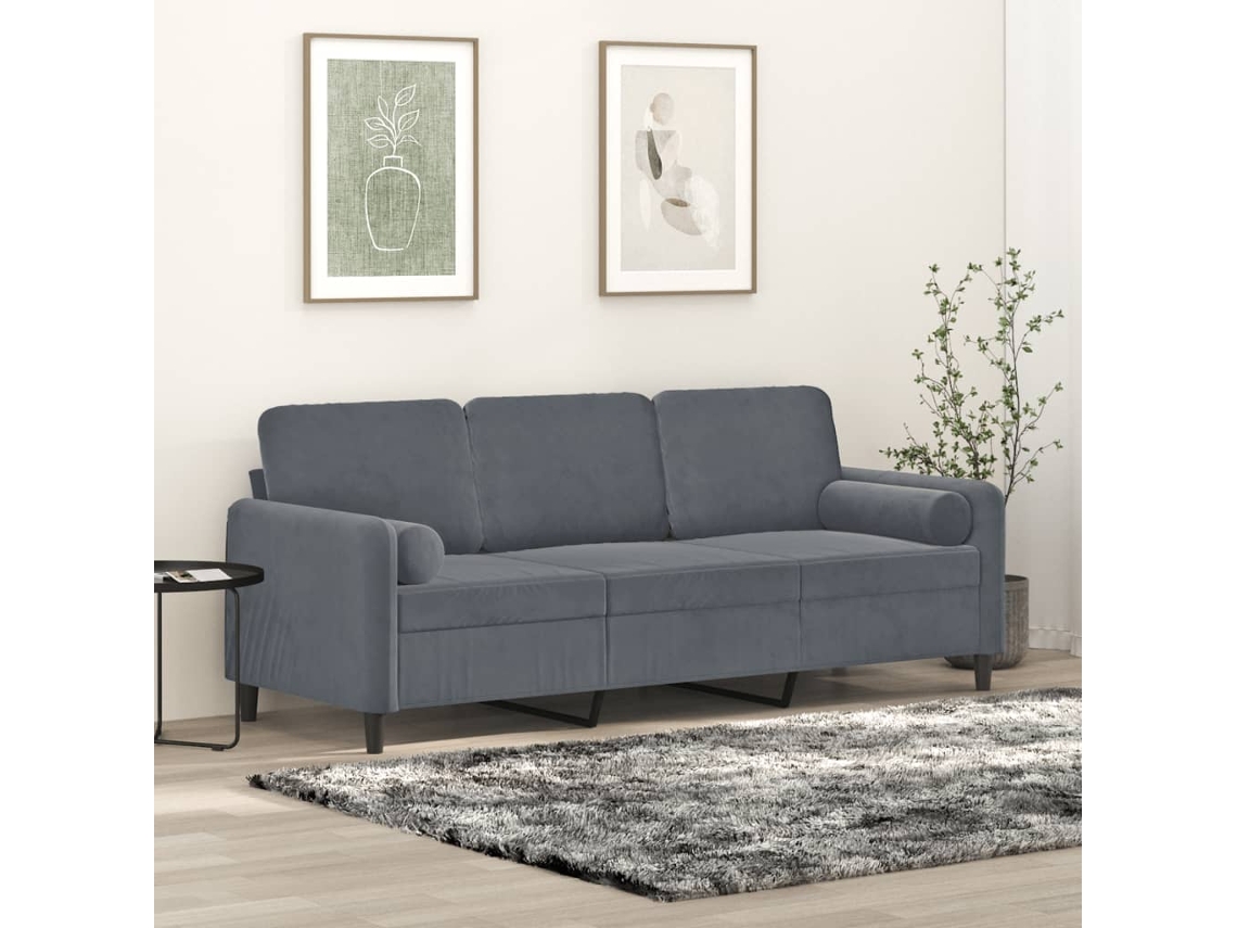Vidaxl Sofá 3 Lug. C/ Almofadas Decorativas 180 Cm Veludo Cinza-escuro