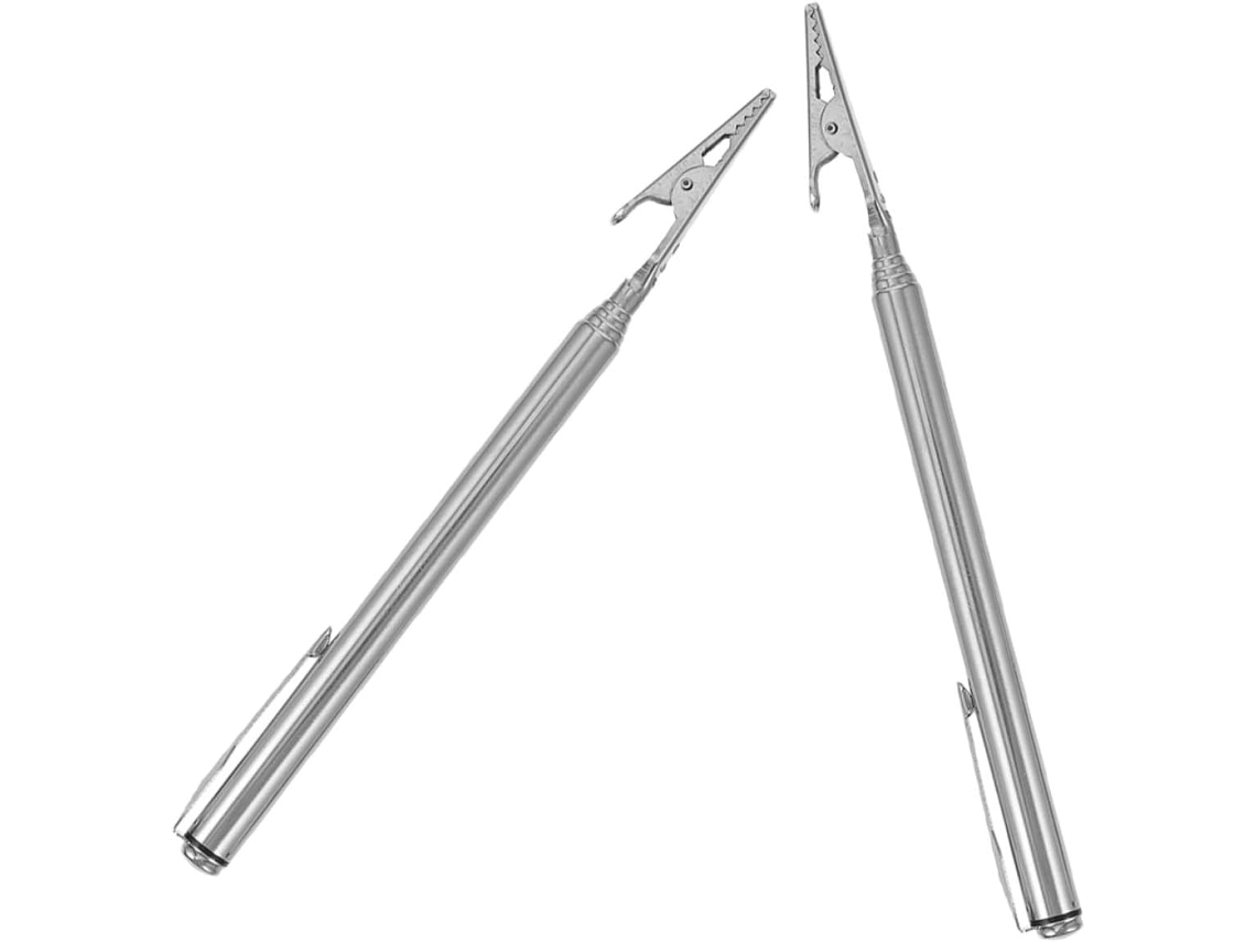 Conjunto de 2 clipes ajustáveis Jacaré em aço inoxidável com cabo telescópico para sinalização e suporte de laptop.
