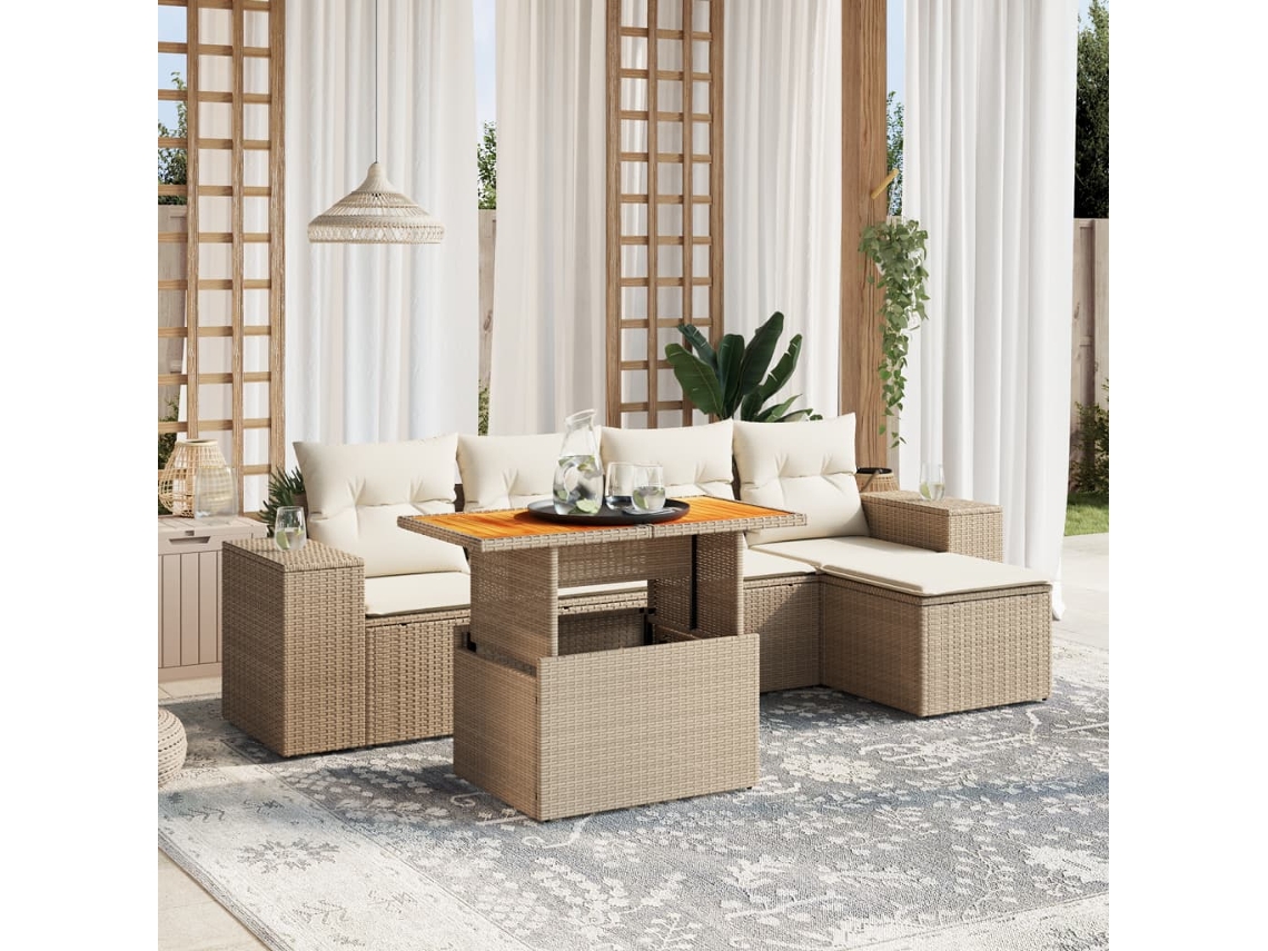 Vidaxl 6 Pcs Conjunto De Sofás P/ Jardim Com Almofadões Vime Pe Bege