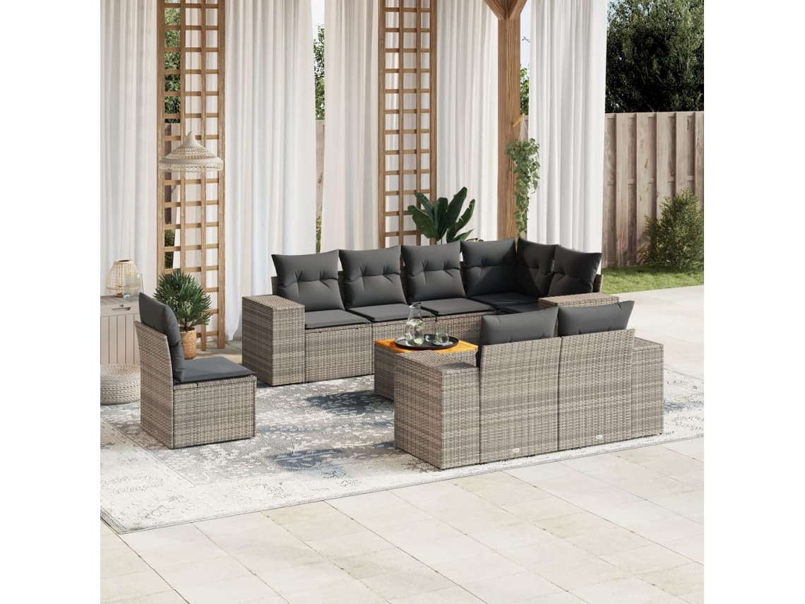 Vidaxl 9 Pcs Conjunto Sofás P/ Jardim Com Almofadões Vime Pe Cinzento