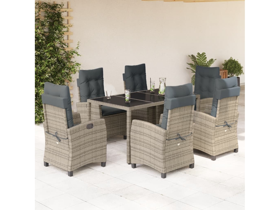 Vidaxl 7 Pcs Conjunto De Jantar P/ Jardim C/ Almofadões Vime Pe Cinza