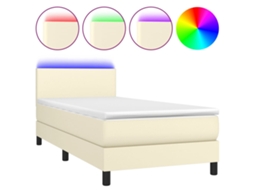 Cama Box Spring com Colchão e Led Couro Artificial Creme MAISON EXCLUSIVE (100x200 cm)