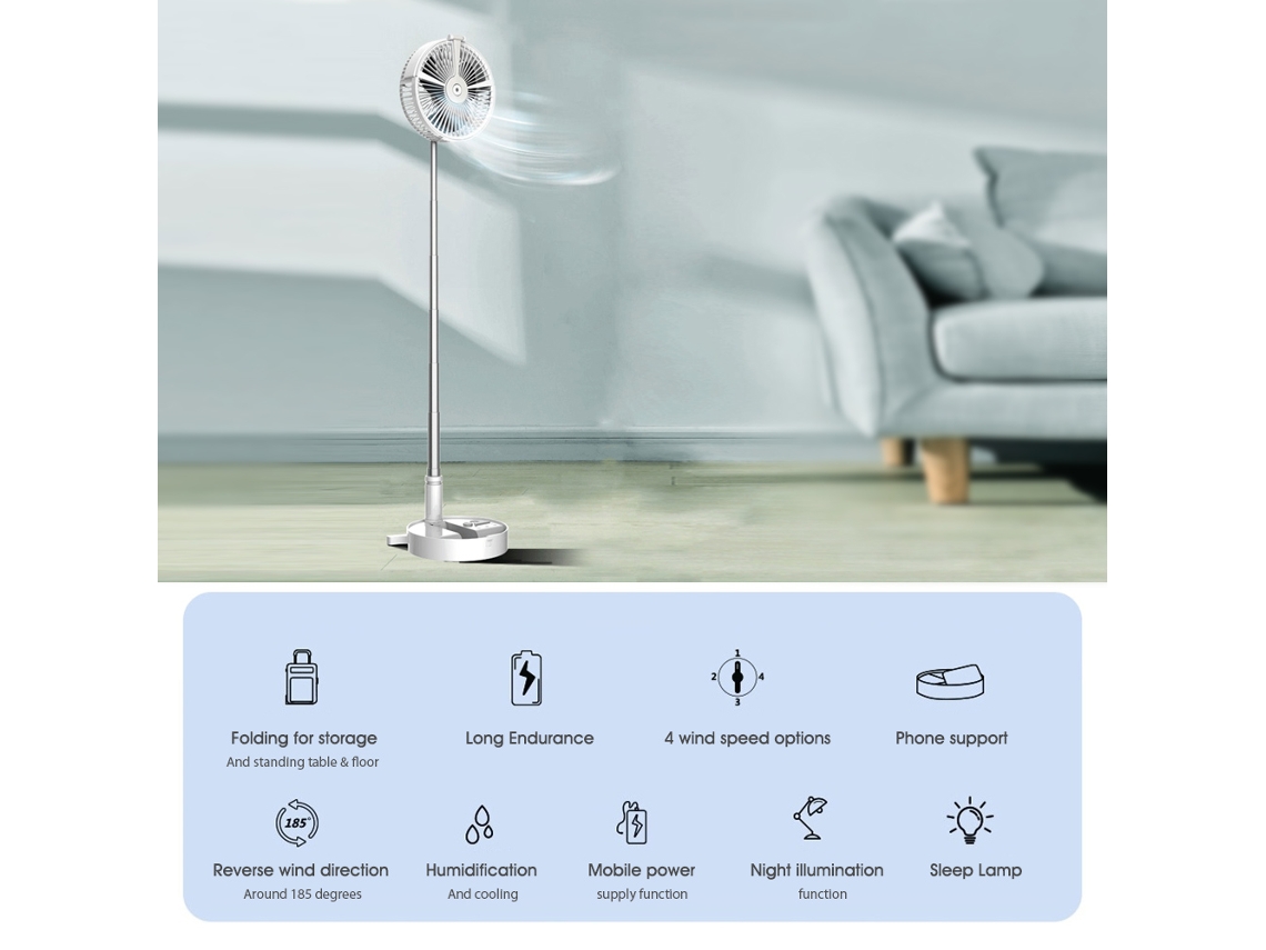 Ventilador Plegable Portátil H9 Usb Recargable Com Umidificação, Sprayer E Luz Noturna