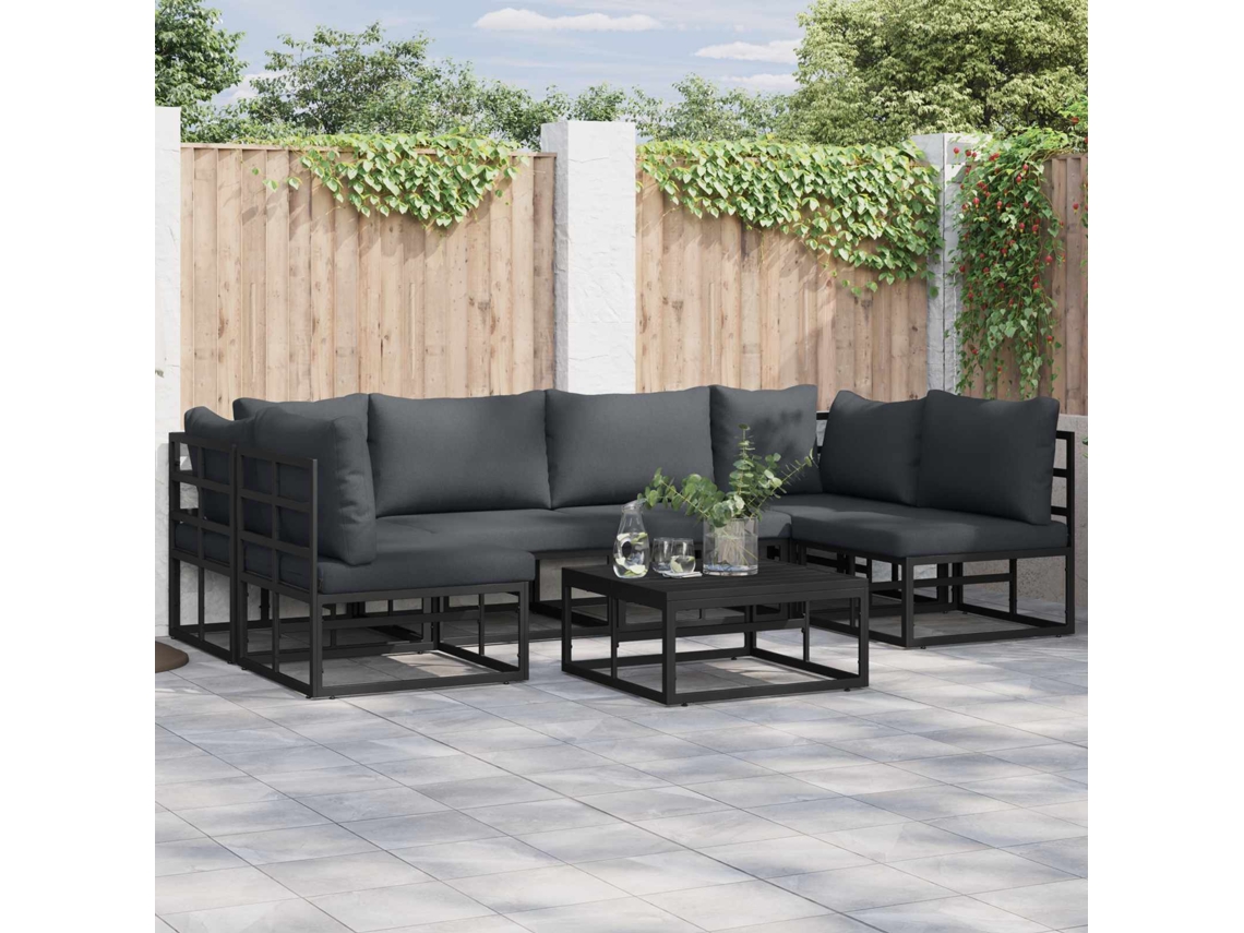 Vidaxl Conjunto De Sofá De Jardim Com Almofada 6 Pcs Preto Alumínio