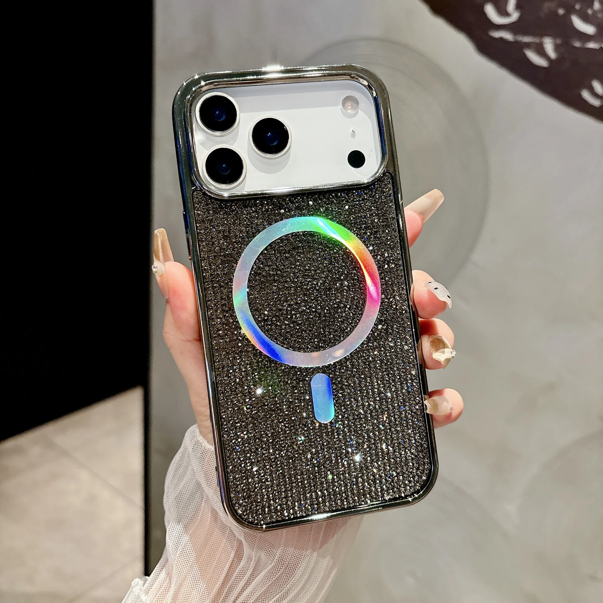 (cinza, Iphone 16) Capa De Celular Luxuosa, Brilhante E Magnética, Com Strass E Moldura De Metal Galvanizado.