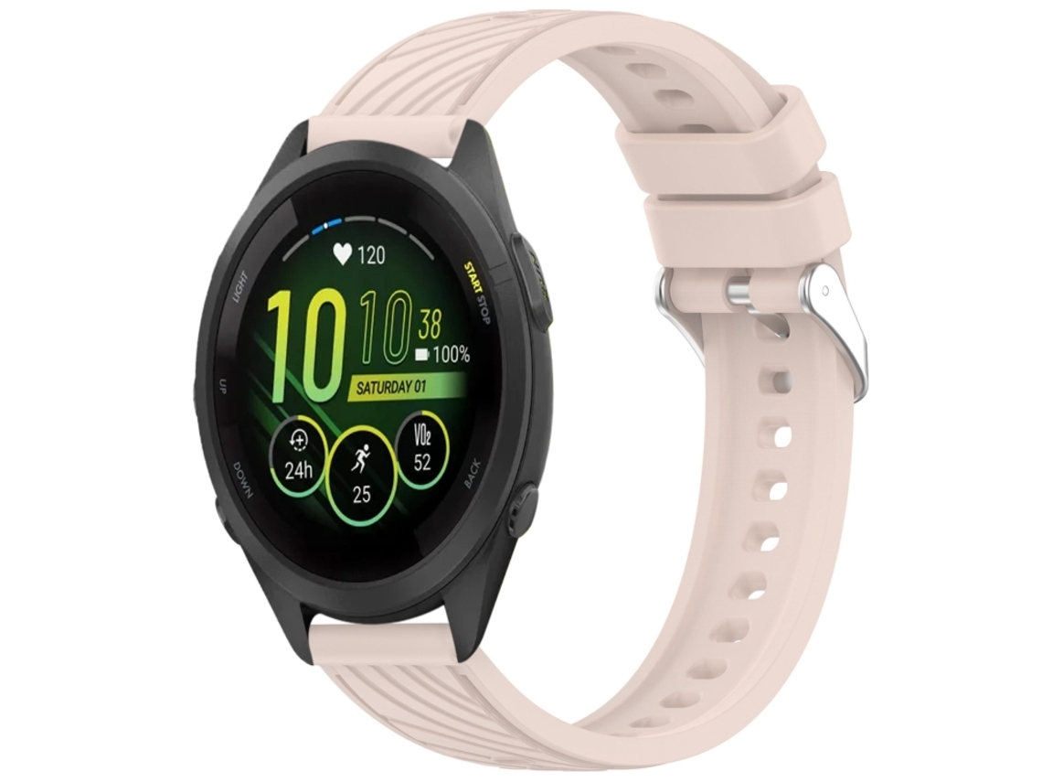 Bracelete Para Garmin Forerunner 265s (18mm) - Silicone - Textura Listrada - Fivela De Aço Prate Rosa
