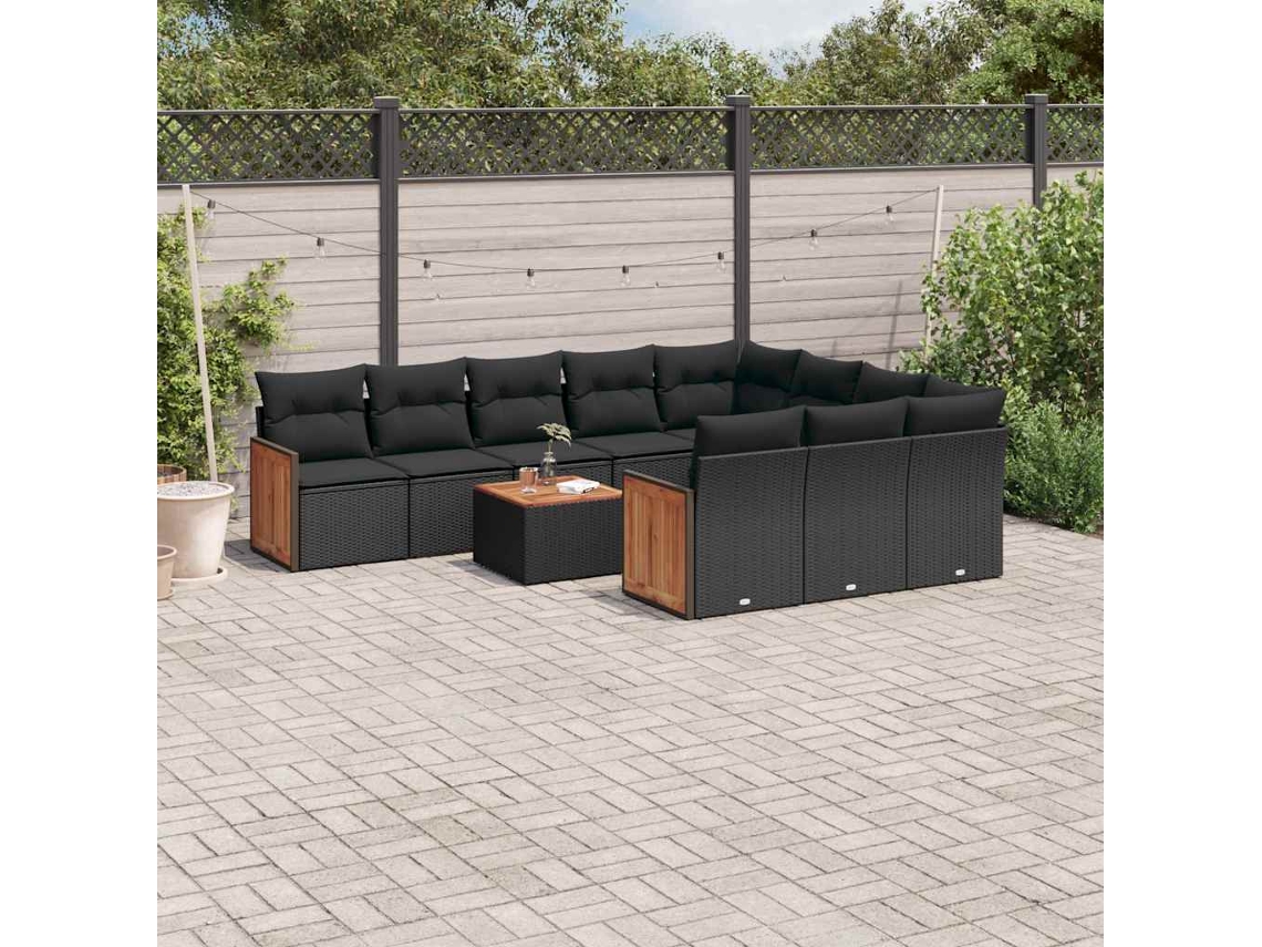 Vidaxl 11 Pcs Conjunto Sofás de Jardim C/ Almofadões Vime Pe Preto