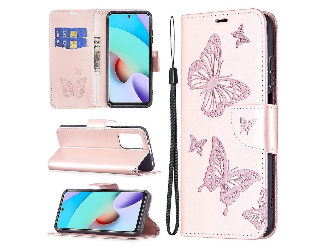 Capa De Couro Com Aba Horizontal, Estampa De Duas Borboletas Em Relevo Para Xiaomi Redmi 10, Com Suporte, Compartimento Para Cartões, Carteira E Cordã