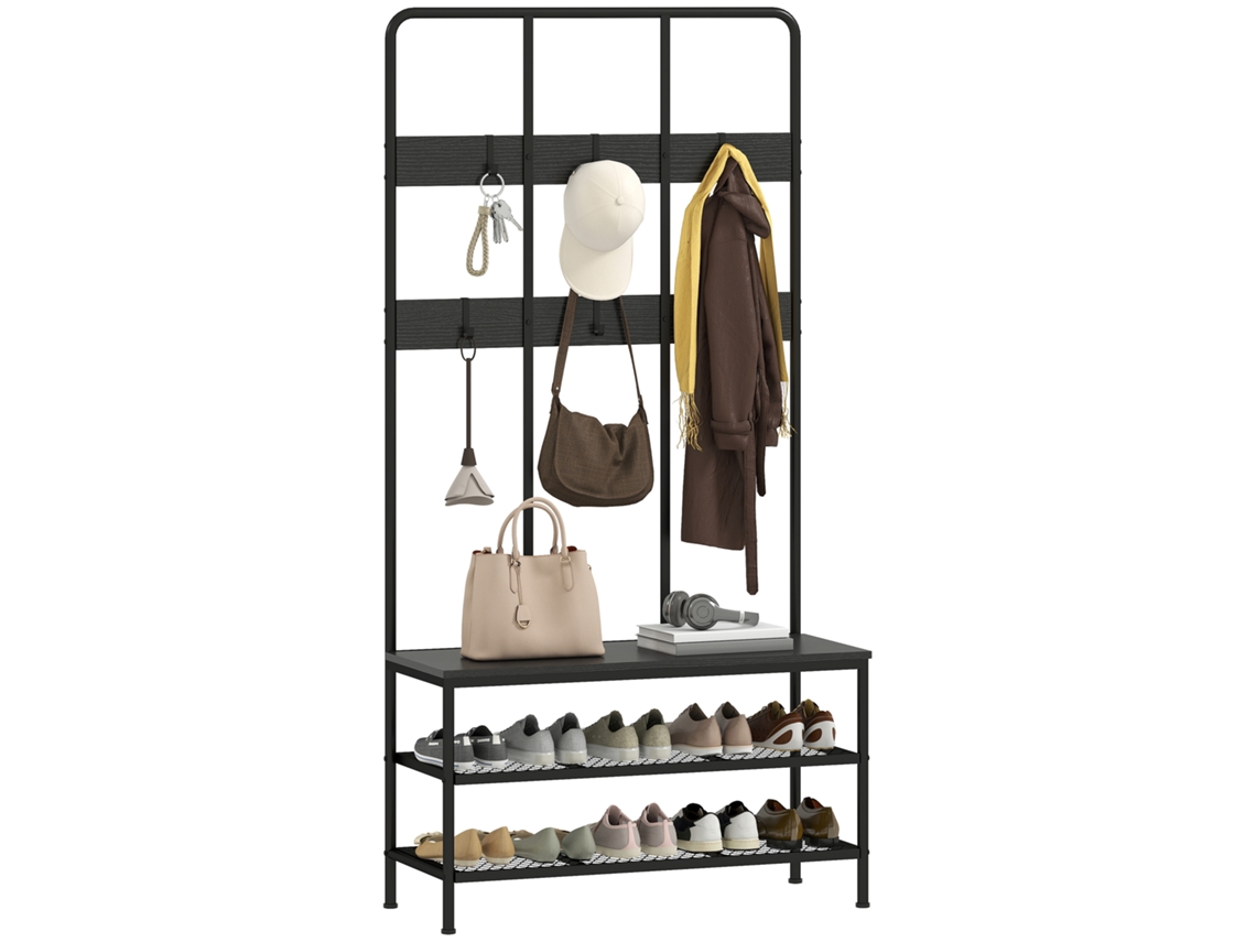 Criado-mudo Entrada 3 Em 1 C/ 6 Ganchos E Banco Sapateira, 91x36x180 Cm, Preto