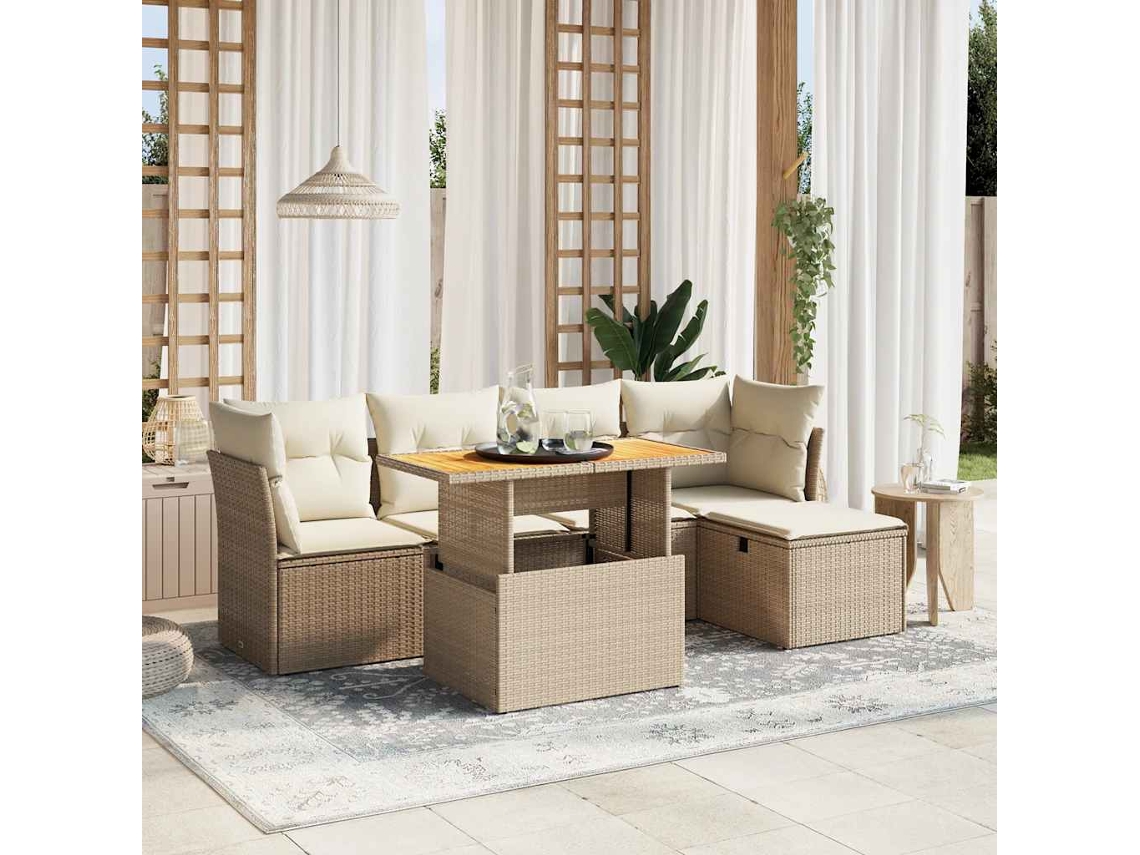 Vidaxl 6 Pcs Conjunto De Sofás P/ Jardim Com Almofadões Vime Pe Bege