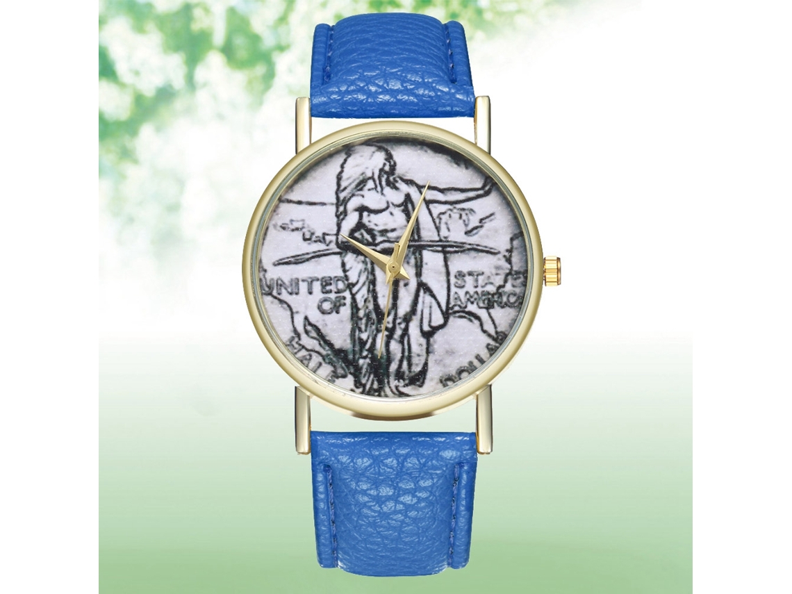 Relógio de casal vintage Zhoulianfa em aço com pulseira de PU azul