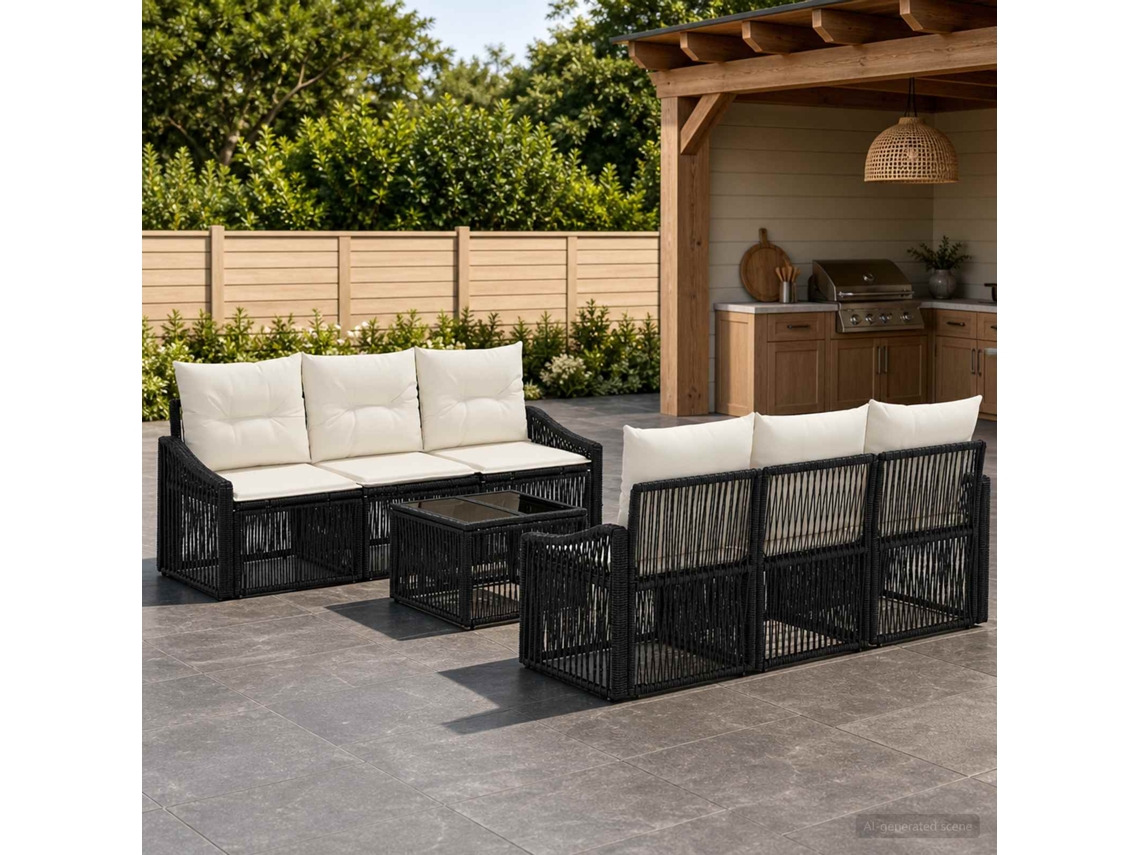 Vidaxl Conjunto De Sofá De Jardim 7 Unid. Preto Vime Pe