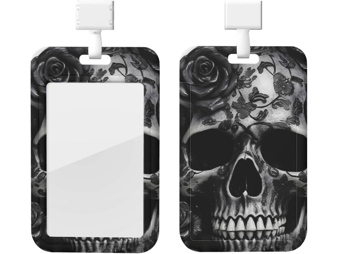 Porta Crachá Com Cordão, Porta Crachá De Plástico Impermeável, Design De Caveira Em Preto E Rosa, Retrátil, Protetor De