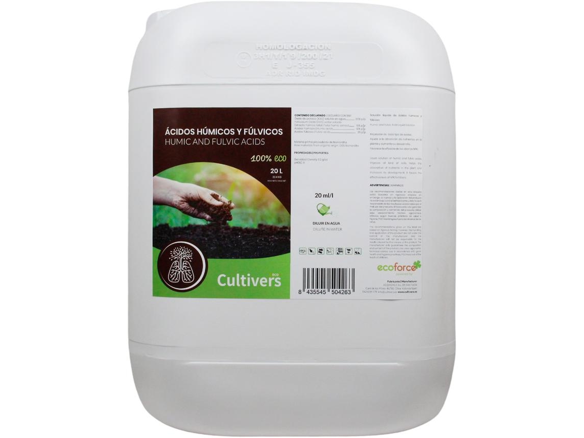 CULTIVERS Abono de Ácidos Húmicos e Fúlvicos 20 L Fertilizante de Leonardita. Potencia La Fertilidad Del Suelo