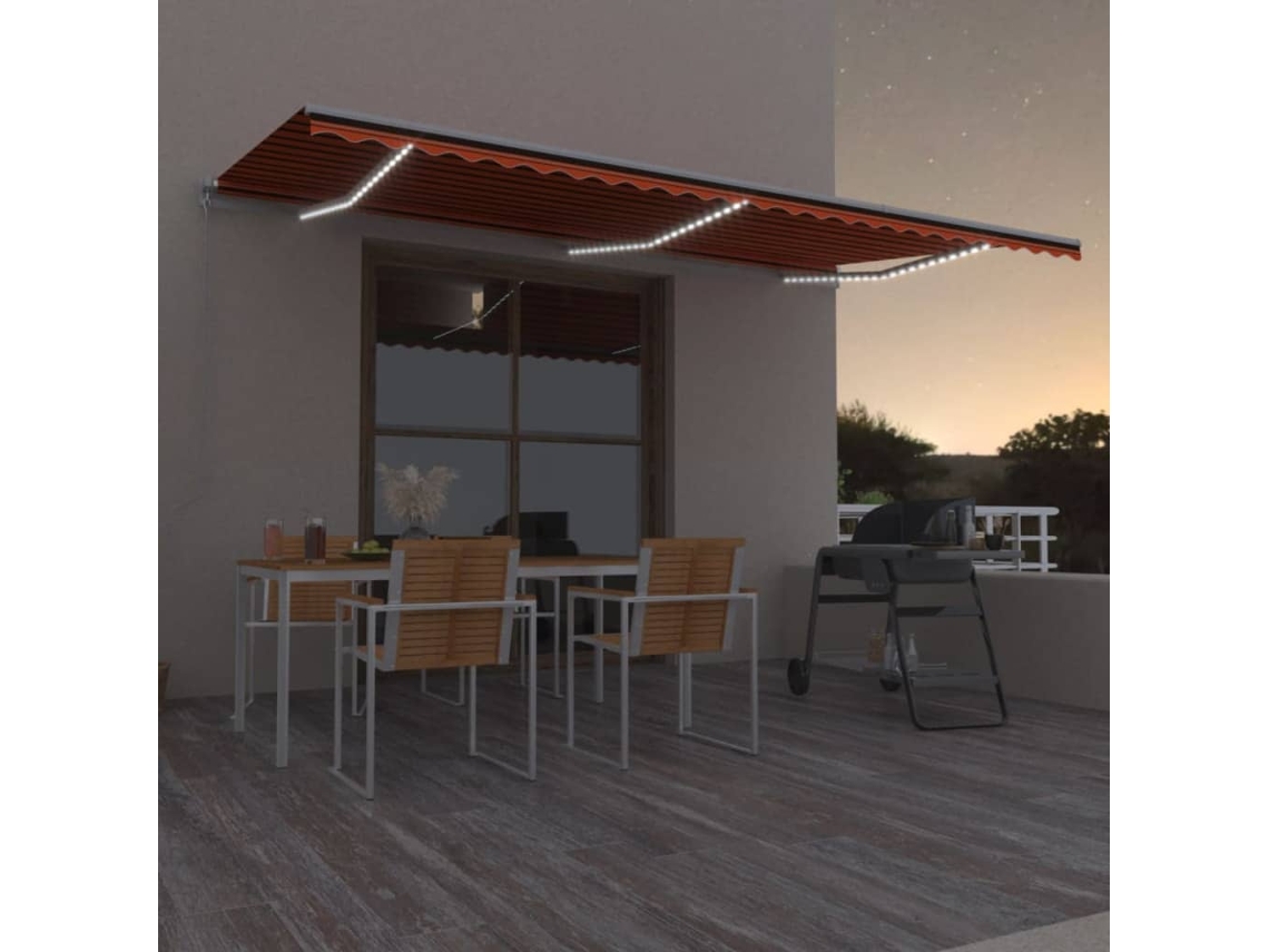 Vidaxl Toldo Retrátil Manual Com Led 600x300 Cm Laranja E Castanho