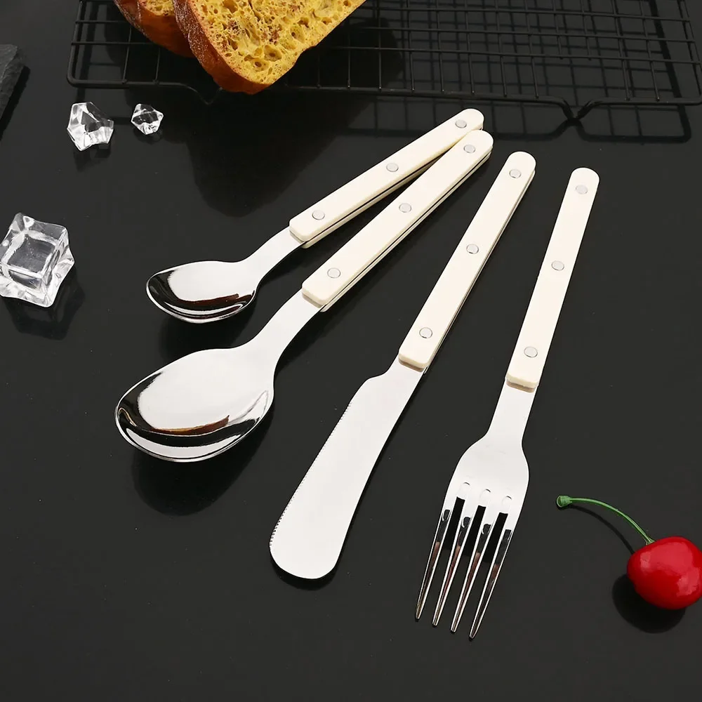 Louça de Aço Inoxidável com Alça de Acrílico, Incluindo Faca, Garfo e Colher, Cozinha para Uso Doméstico MDUG (bege, Conjunto de 4 Peças)