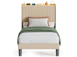 Estrutura de cama solteiro - 1 peça - metal e madeira - bege - LED e USB - 90 x 200 cm