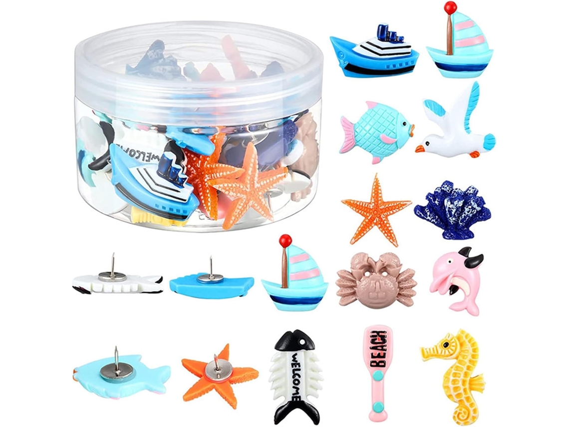 Conjunto De 36 Tachinhas Com Estampa Animais Marinhos, Tachinhas Decorativas Para Escritório Com Estajo Armazenamento