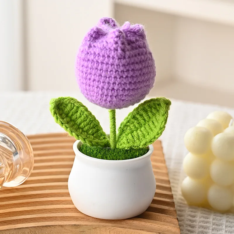 (1 Peça) Mini Tulipa De Crochê, Vaso De Planta, Decoração Fofa De Flor Tricotada