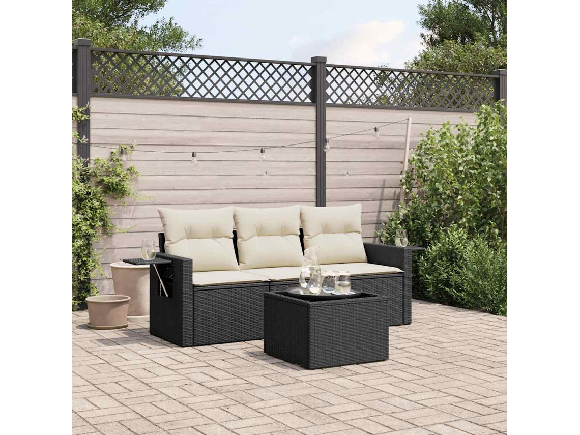 Jogo de Sofá 4 Peças Jardim C/ Almofadões Vime Pe Preto Dkd Home Decor
