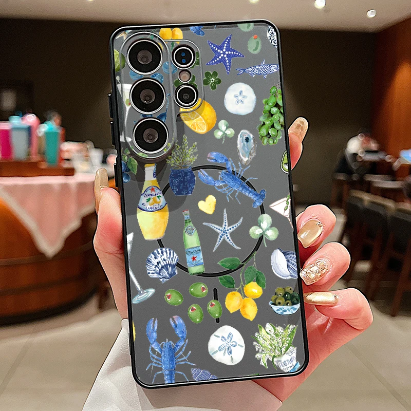 Capa Magnética Para Celular Galaxy S25 Fe Com Estampa De Lagosta E Concha (preta)