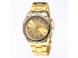 Relógio de pulso masculino elegante com pulseira de aço, mostrador redondo, movimento de quartzo, dourado.