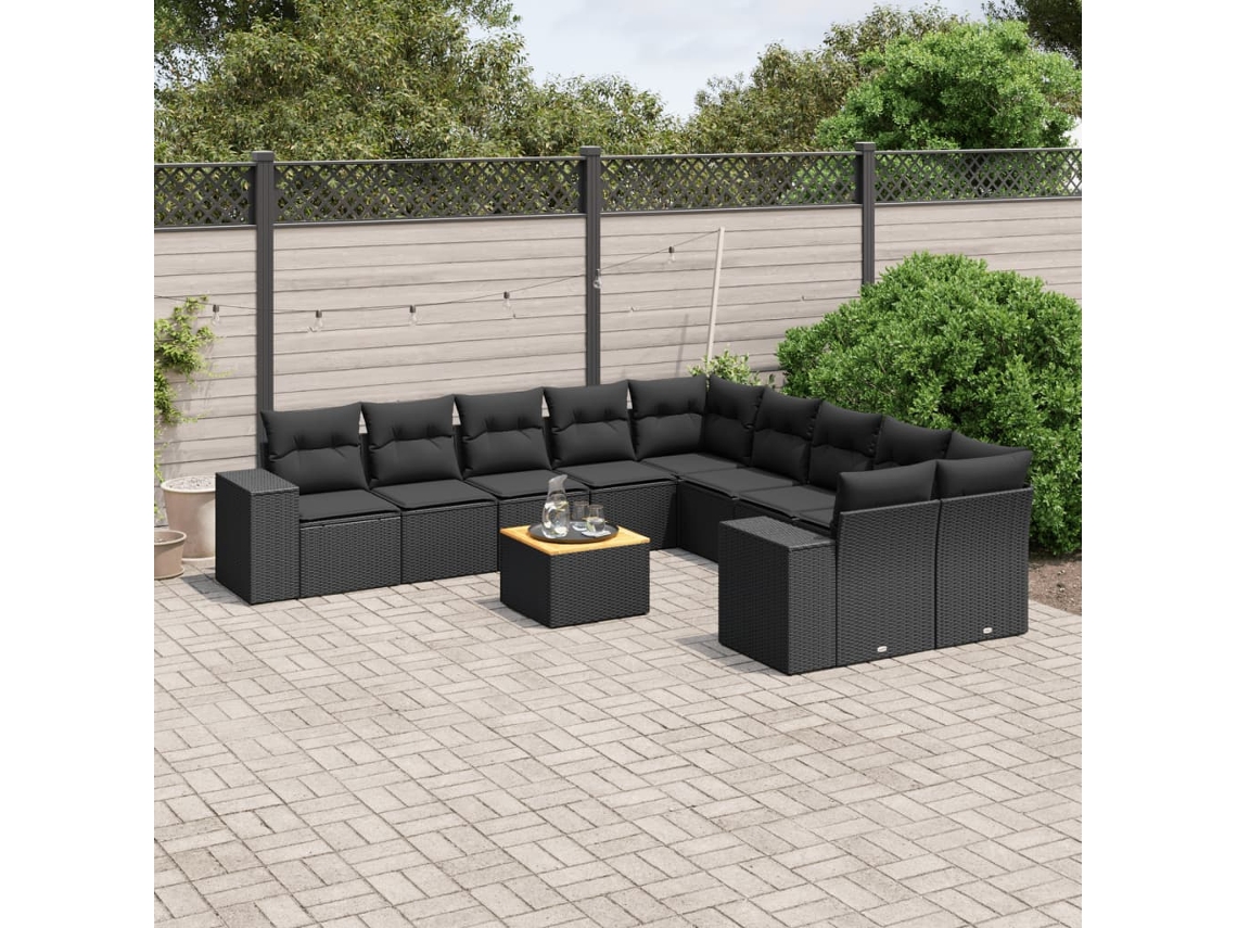Vidaxl 11 Pcs Conjunto Sofás De Jardim C/ Almofadões Vime Pe Preto