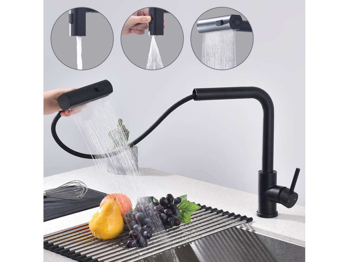 Torneira de cozinha HOMELODY preta, com bica extraível, 3 modos de jato e rotação de 360°