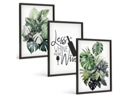 Composição De Quadros Folhas De Plantas Em Vinho Verde Moldura Preta Fotos Para O Escritório Espelharte (3 Piezas De 40x60 Cm)