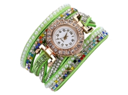 Relógio de Quartzo Feminino de Moda com Pulseira de Couro Pu e Pedras Coloridas (verde)