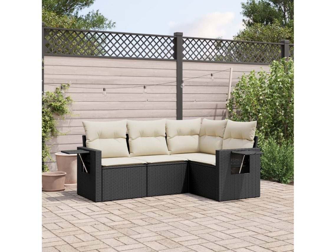 Vidaxl 4 Pcs Conjunto De Sofás Para Jardim C/ Almofadões Vime Pe Preto